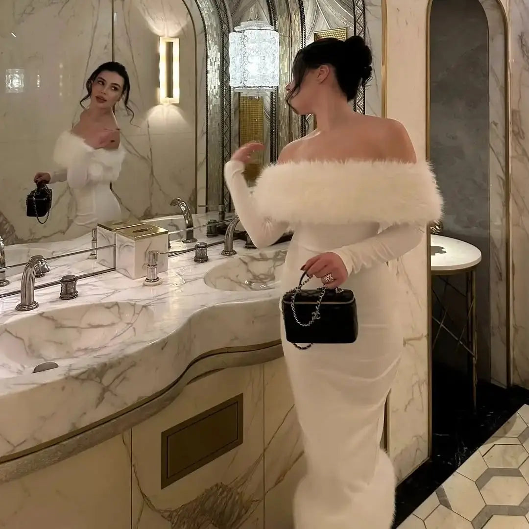 Ofherown Elegant Off Shoulder White Midi Evening Dress with Faux Fur Long Sleeve Bodycon Party Dress Women Luxury Cocktail Gowns