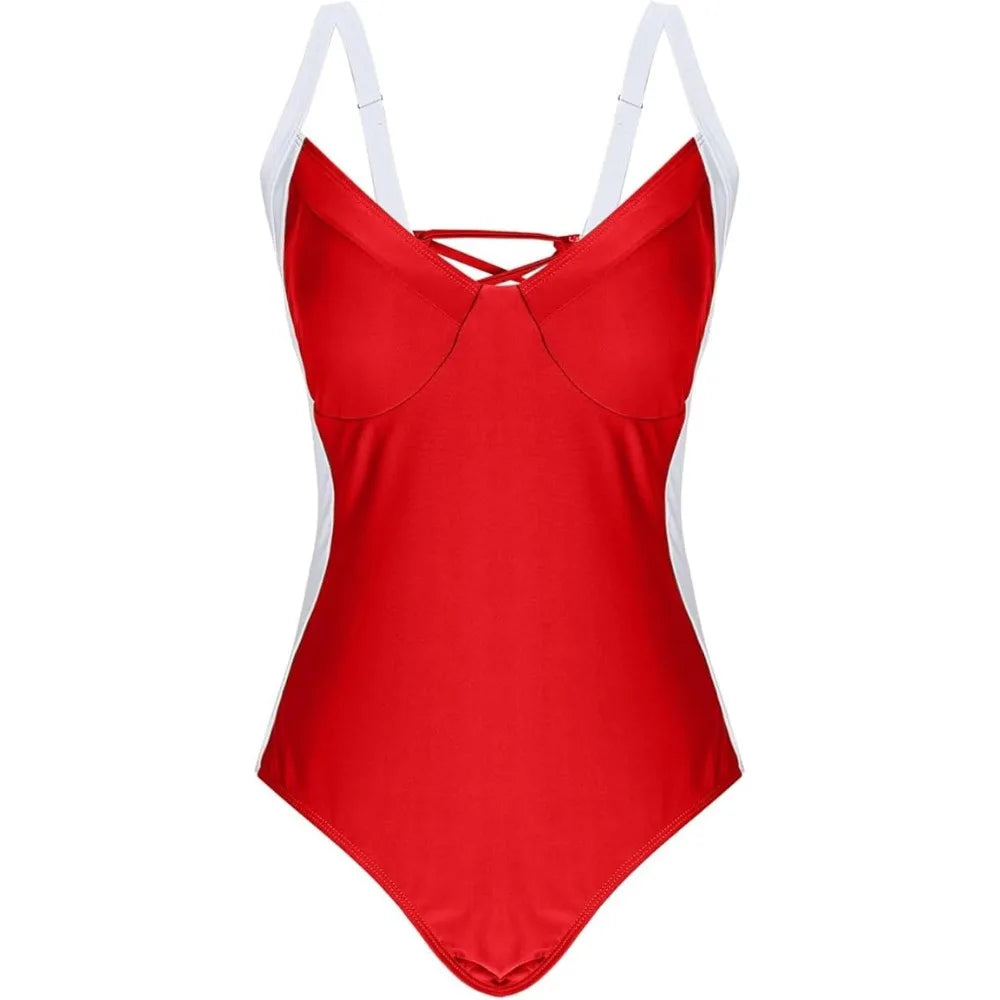 Fashion Patchwork Bodysuit Swimsuit Slim Fit Hollow Bathing Swimwear V-neck Beachwear Clothing Jumpsuit Bikini Ladies