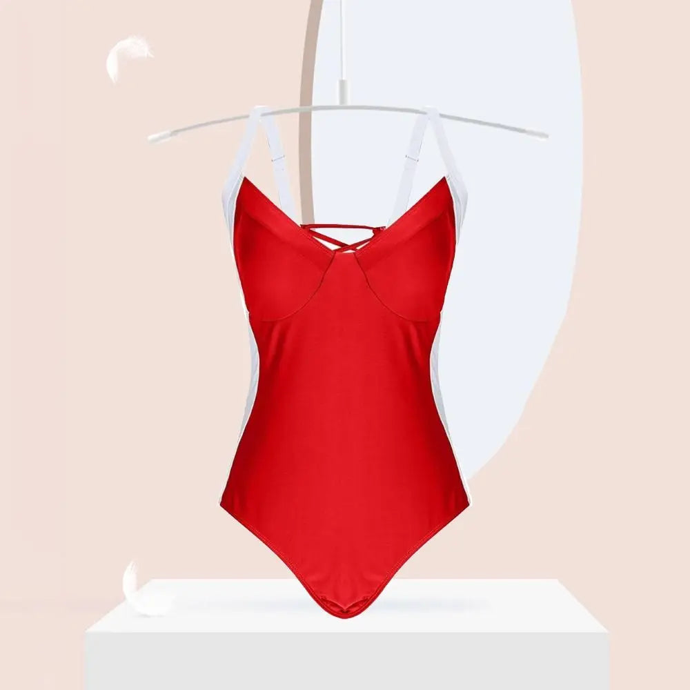 Fashion Patchwork Bodysuit Swimsuit Slim Fit Hollow Bathing Swimwear V-neck Beachwear Clothing Jumpsuit Bikini Ladies