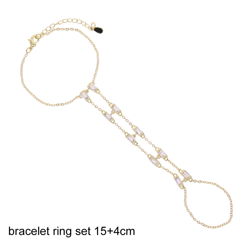 2025 New Geometric Marquise Cubic Zirconia CZ Paved Double Wrist Hand Chain Bracelet Simple Fashion Women Finger Slave Jewelry