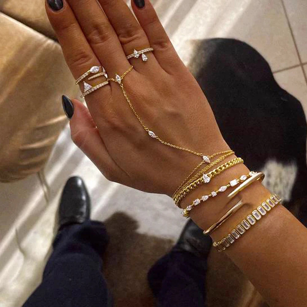 2025 New Geometric Marquise Cubic Zirconia CZ Paved Double Wrist Hand Chain Bracelet Simple Fashion Women Finger Slave Jewelry