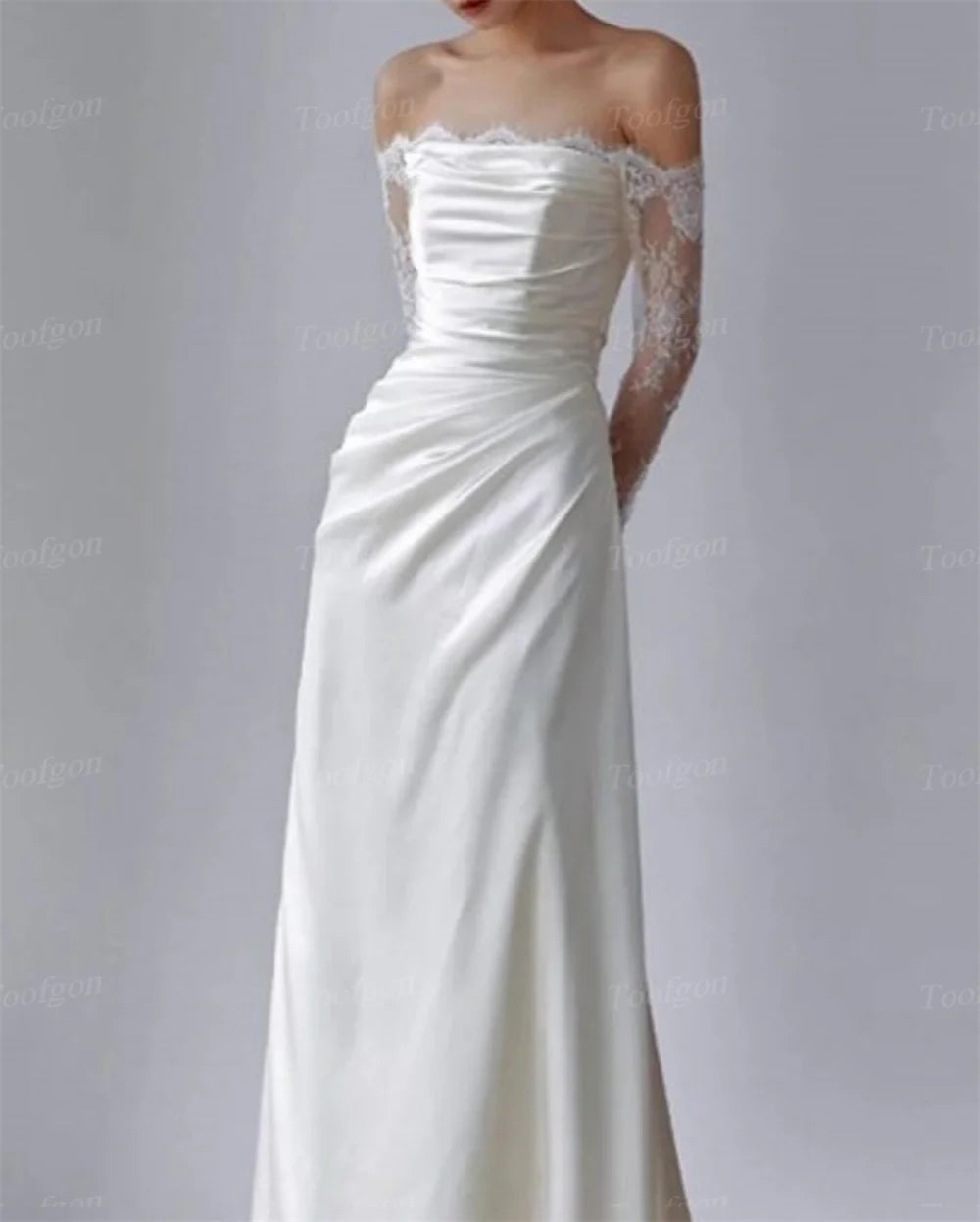 Toofgon Customized Lace Long Sleeves Wedding Dresses Sheath Pleats Spandex Satin Wedding Bridal Gowns Bride Formal Party Dress