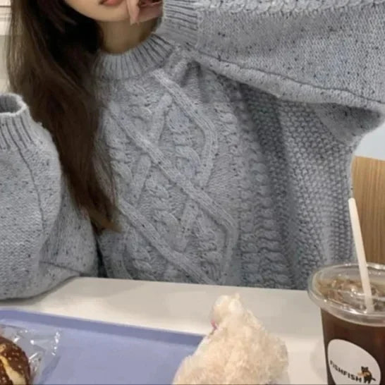 Thickened Autumn Winter Vintage Twisted Sweater Women's Loose Lazy Style round Neck Knitted Short Top Crew Neck Knitwear