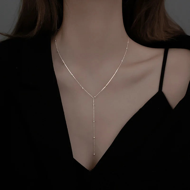 Stainless steel simple round beads long fringe necklace clavicle chain long geometric chain women's custom jewelry Choker neckla