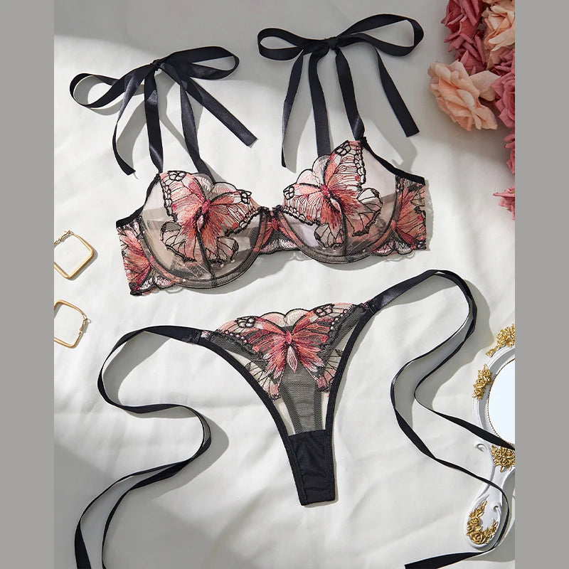 Lady 2 Pieces Sexy Lingerie Women Elegant Tie Up Bowknot See Through Sexy Butterfly Bra Panty Cute Girl Intimate Underwear Set