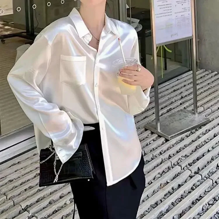 Spring White Satin Women Shirts Long Sleeve Button Solid Color Blouse Casual Office Lady Shirt Elegant Female Tops Fashion