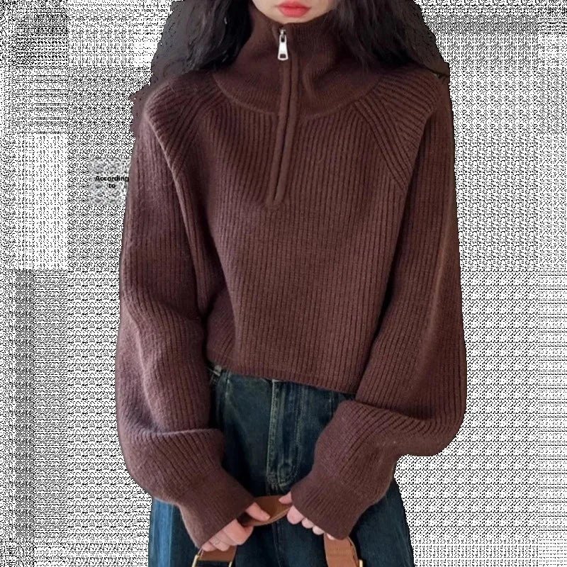 Red Thickened Short Knitted Sweater Women's Half High Collar Zipper Design Spring New Loose Fit High Waist Mmao Knitwear