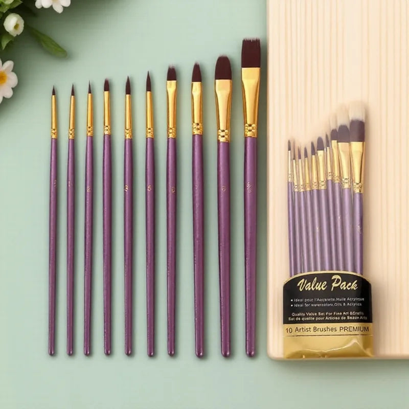 10Pcs Nylon Hair Paint Brushes Set for Painting by Numbers Watercolor Gouache Art Supplies Different Shapes Round Tip
