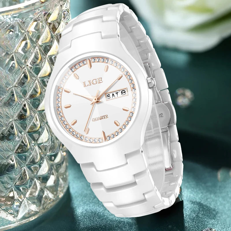 LIGE Brand Woman Watch Ceramics Strap Simple Waterproof Calendar Week Quartz Watches for Women Elegant Ladies Bracelet for Gifts