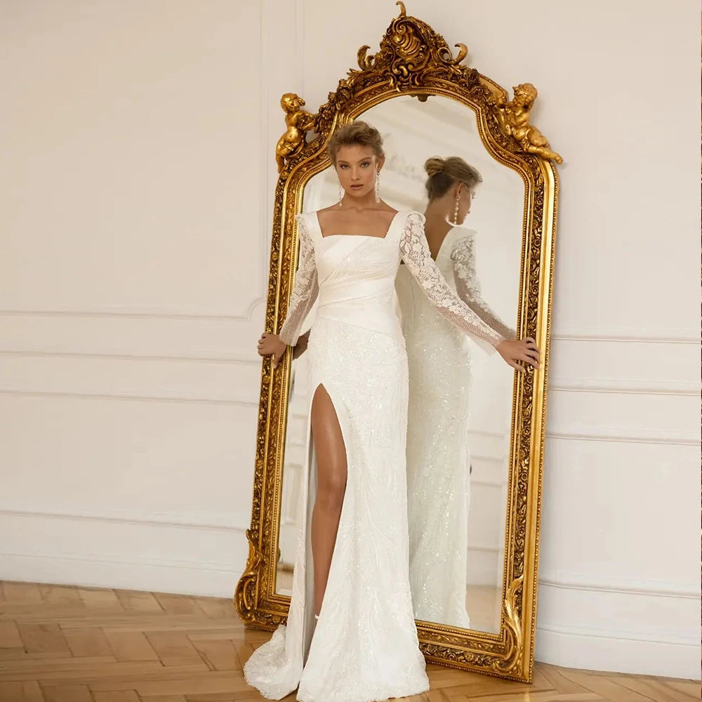 Elegant Square Neck Wedding Dresses For Woman Full Sleeves Side Silt Bridal Gowns With Applique 2025 New vestidos de noviaEl
