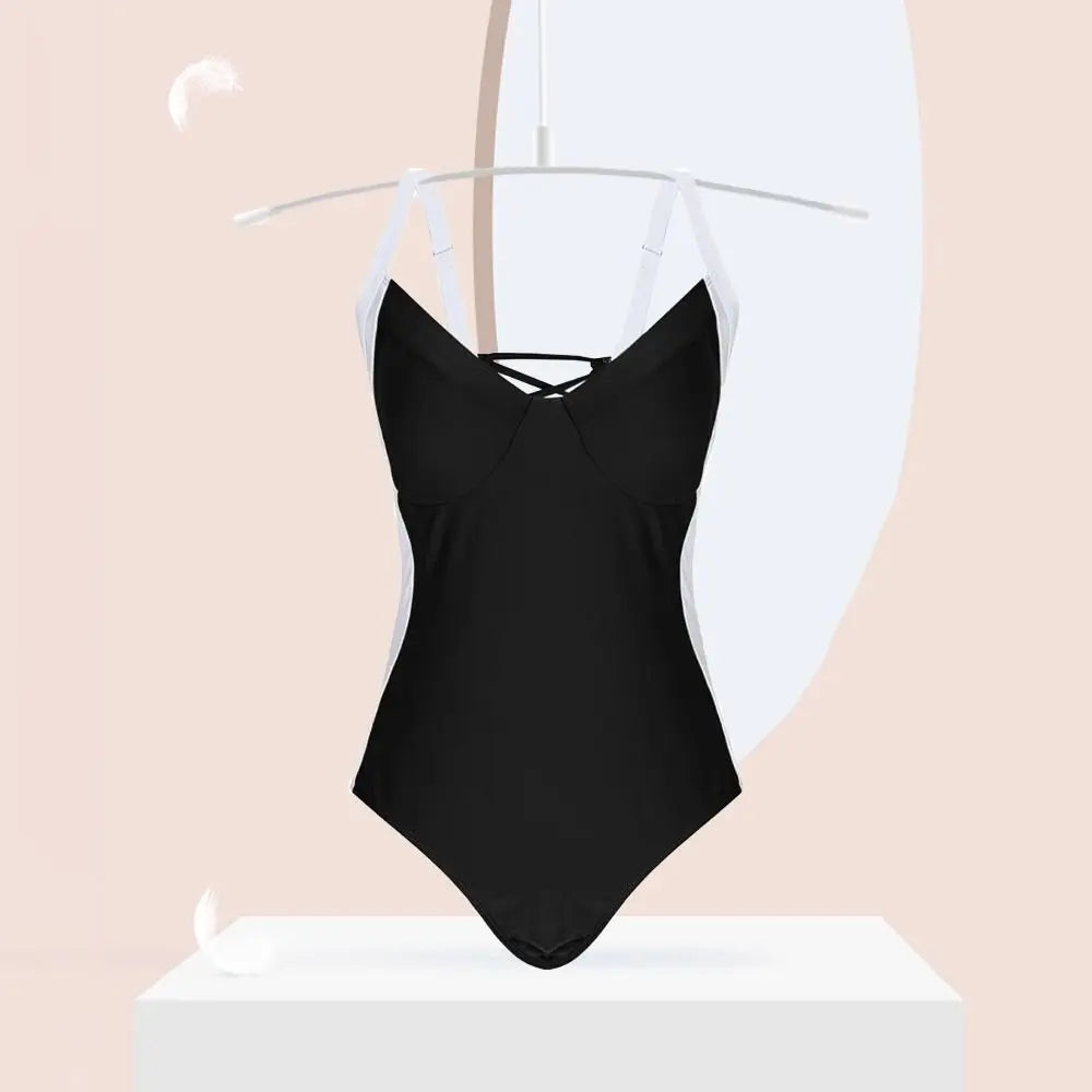 Fashion Patchwork Bodysuit Swimsuit Slim Fit Hollow Bathing Swimwear V-neck Beachwear Clothing Jumpsuit Bikini Ladies