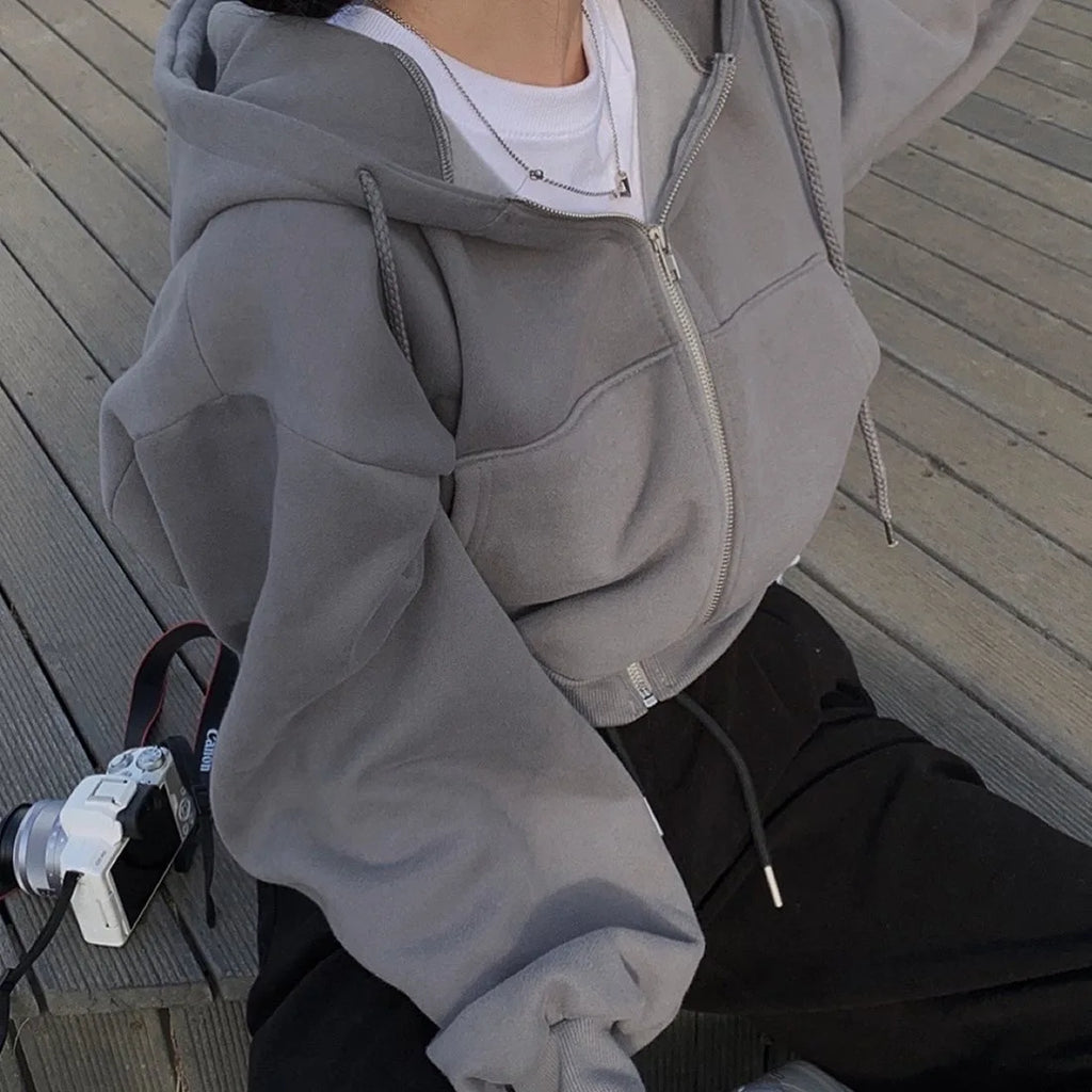 Casual Hood Sweatshirt Women Y2K Zip Up Hoodies Solid Harajuku Long Sleeve Shirt Oversized Crop Tops Female Loose Jackets Coat