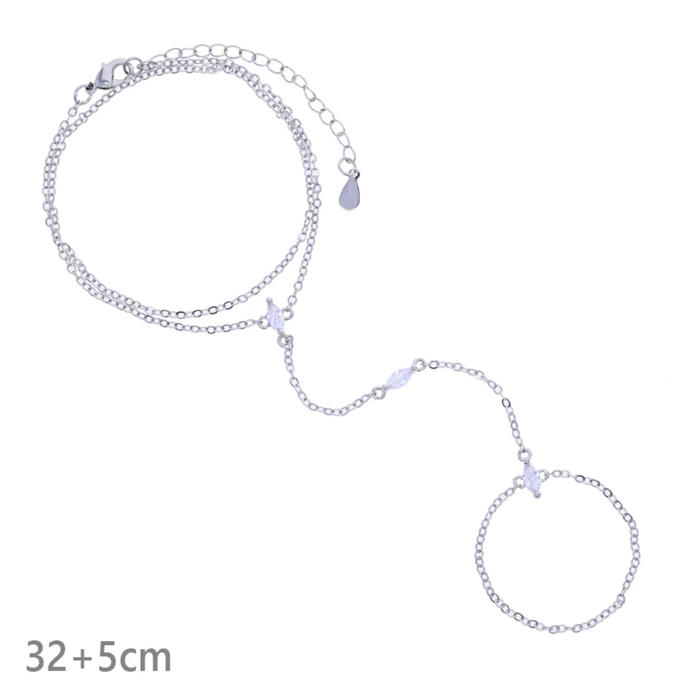 2025 New Geometric Marquise Cubic Zirconia CZ Paved Double Wrist Hand Chain Bracelet Simple Fashion Women Finger Slave Jewelry