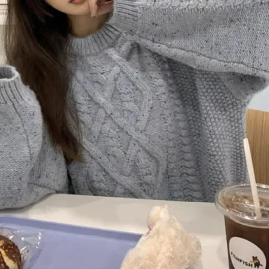 Thickened Autumn Winter Vintage Twisted Sweater Women's Loose Lazy Style round Neck Knitted Short Top Crew Neck Knitwear