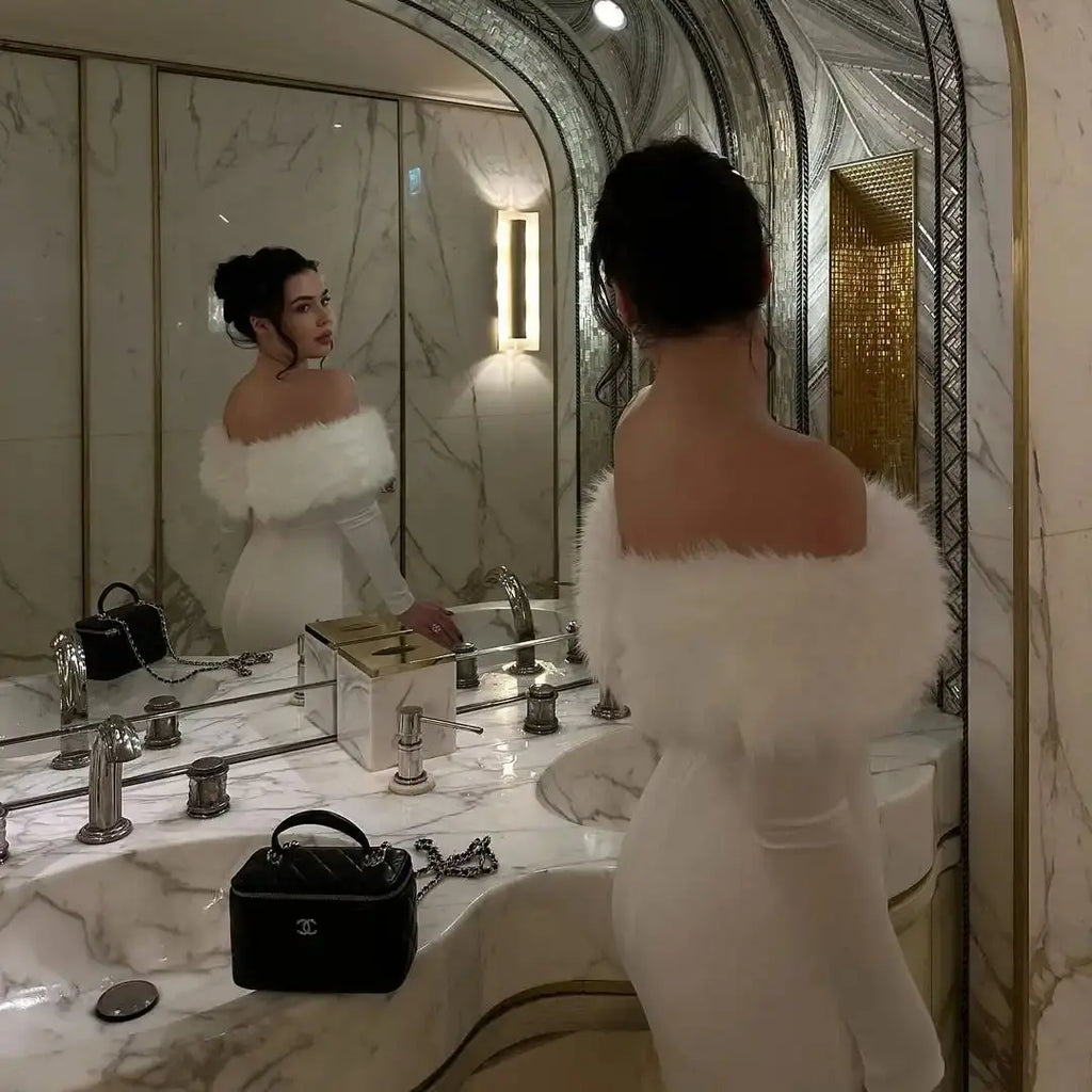 Ofherown Elegant Off Shoulder White Midi Evening Dress with Faux Fur Long Sleeve Bodycon Party Dress Women Luxury Cocktail Gowns