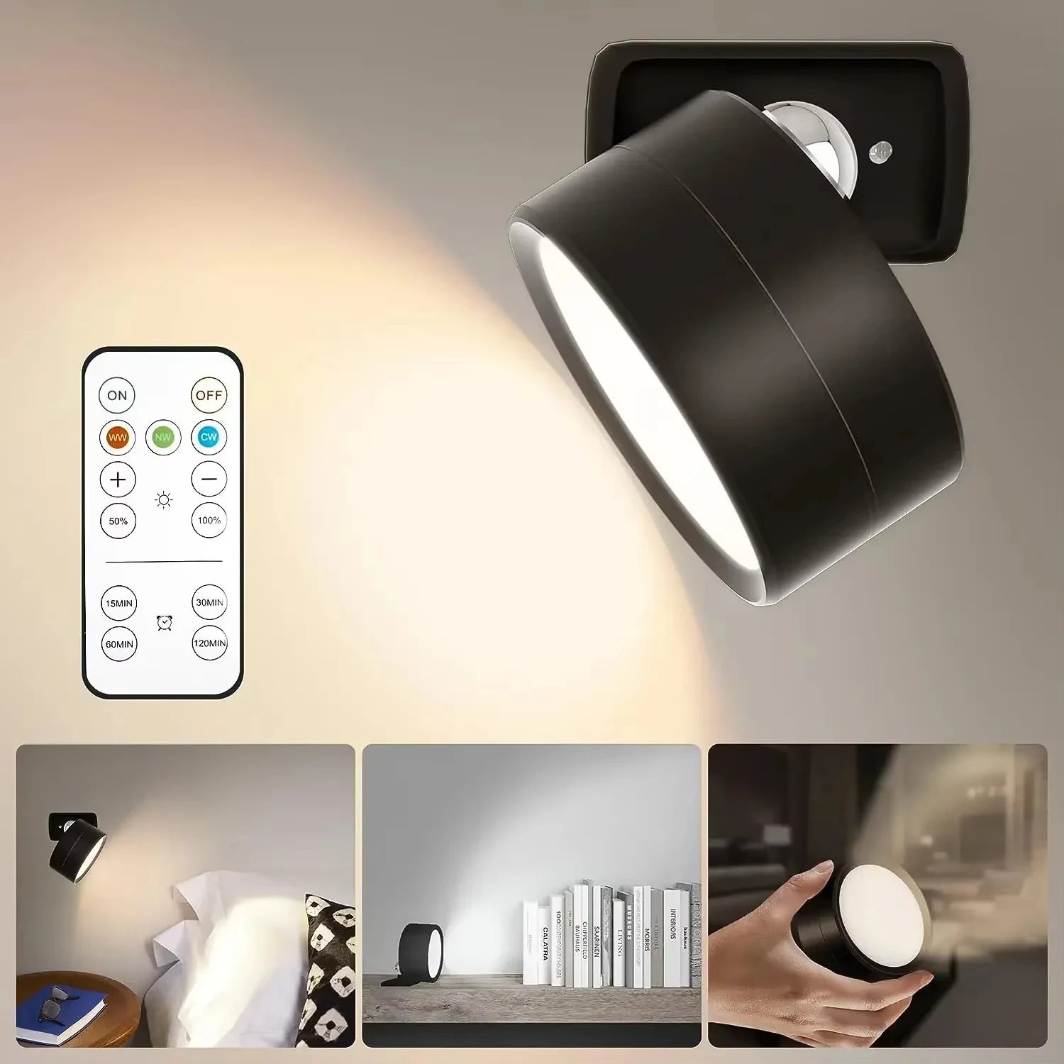 Magnetic Base USB Rechargeable LED Cordless Wall Light with Touch Switch Black White Magnet Dimmable Bedside Lamp for Reading