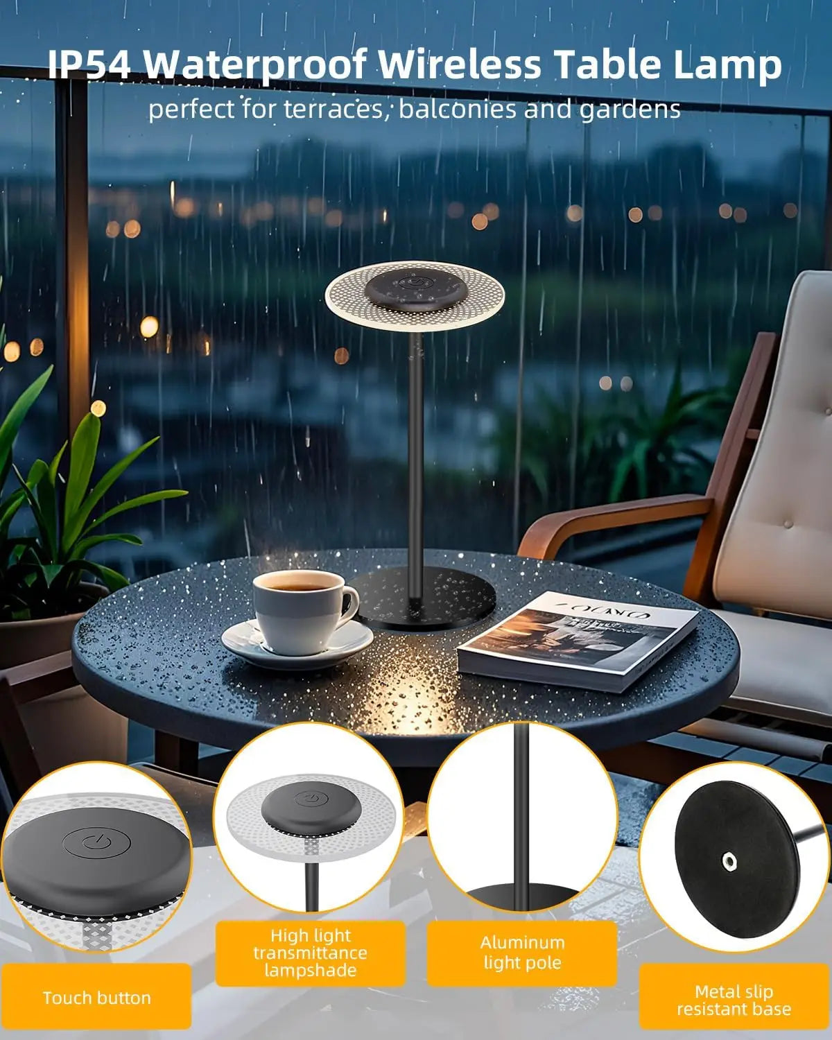 LED Table Lamp Wireless Desk Lamp Bedside Light Touch Dimmable RGBW Warm Light USB-C Charging 2200mAh Battery IP54 Waterproof